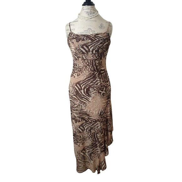 Women's Asymmetrical Maxi Dress XL Cascade Ruffle Animal Print Boho Glam Resort - Picture 1 of 7